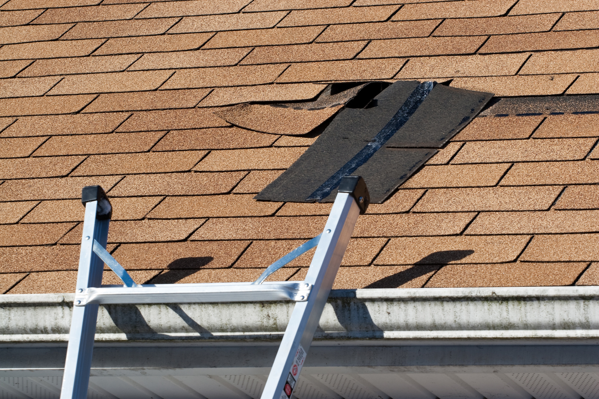 Damaged Roof Shingles Repair Fixing damaged roof shingles. A section was blown off after a storm with high winds causing a potential leak.